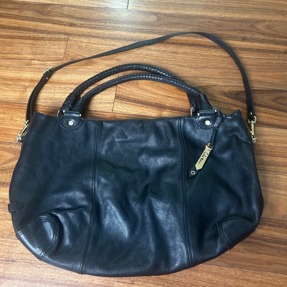 Cole Haan boho‎ Leather Tote Bag Braided Handles Shoulder Bag Black purse